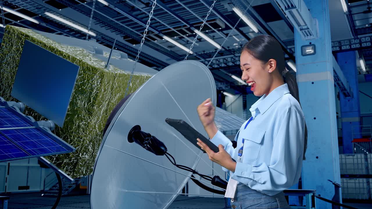 위성 엔지니어가 성공을 축하하고 있습니다.