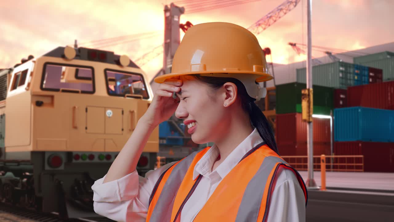 Close Up Side View Of Asian Female Engineer With Safety Helmet Having A Headache While Working With Freight Cargo Train At Port