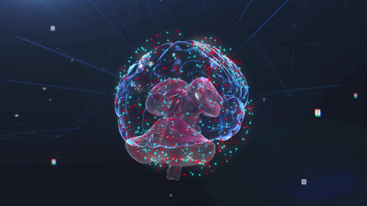 Animation of red and white spots over digital brain spinning