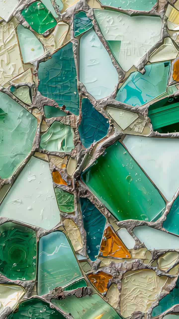 Vertical video: Panning camera centering on green glass mosaic panel on wall, revealing droplets