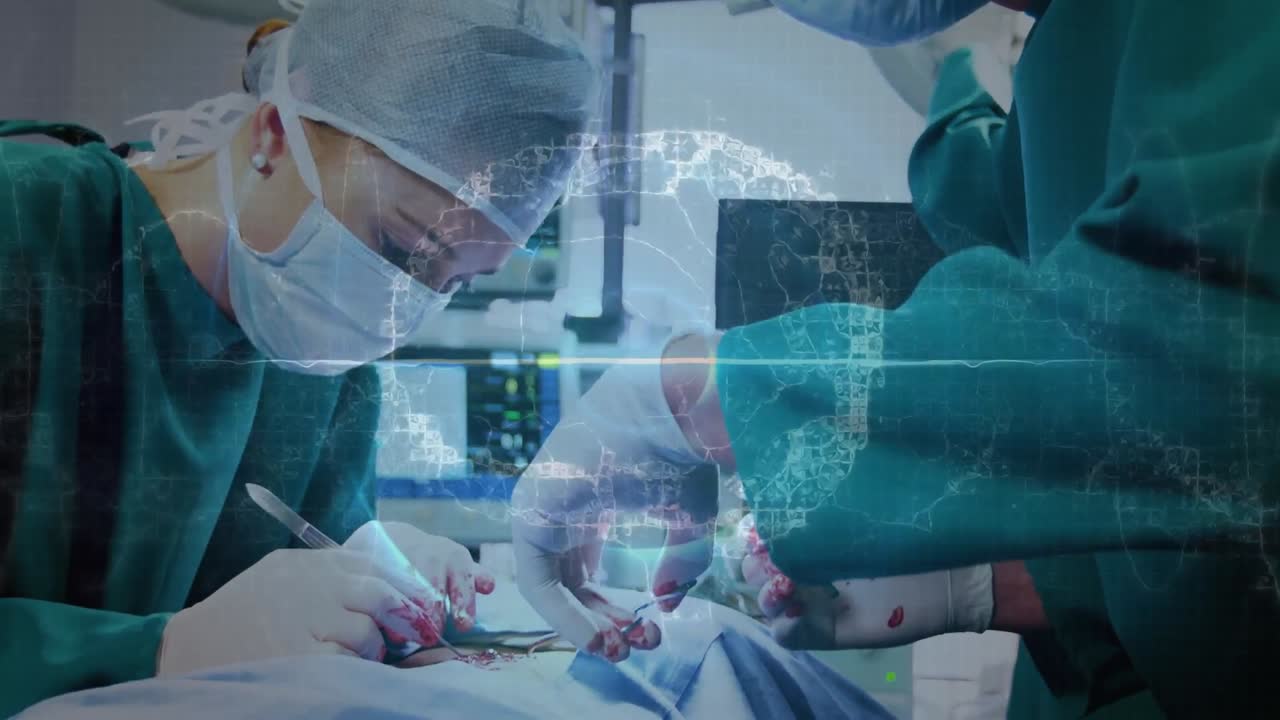 병원에서 수술을 하는 남녀 외과 의사들에 대한 의료 데이터 처리의 애니메이션
