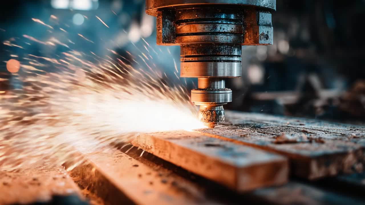 A Precision Woodworking CNC Machine in Action: Capturing the Intricate Details of Wood Shavings and Sparks Amidst a Workshop Environment