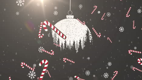 animation of candy cane falling over christmas decorations