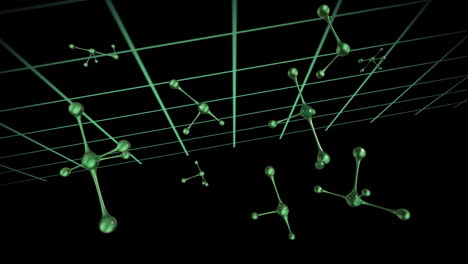 animation of falling molecules on grid over black background