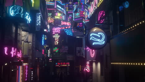 vibrant cyberpunk city street at night with neon signs