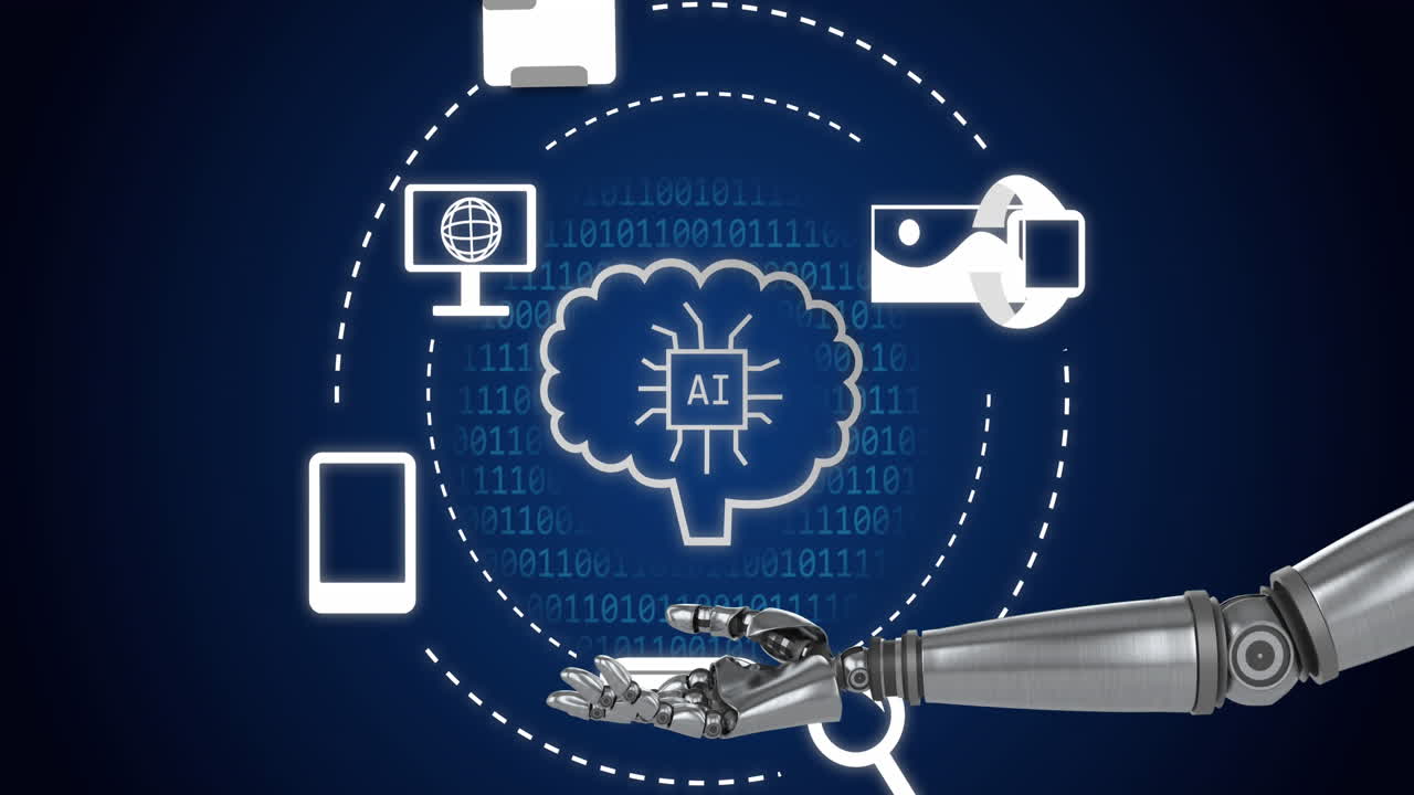 Animation of robotic hand with brain with ai text and icons on blue background