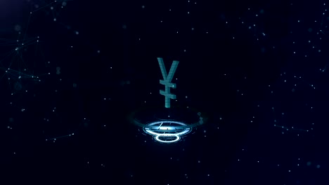 el signo del yen japonés 3d. telón de fondo del ciberespacio azul espacial con conexiones a internet. la moneda del euro está en tres círculos virtuales brillantes, que vienen primero. 4k.