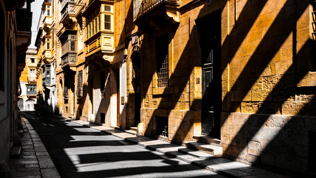 Pedone che cammina, appare nel quarto fotogramma, si allontana su una strada stretta, attraversando facciate color ocra.