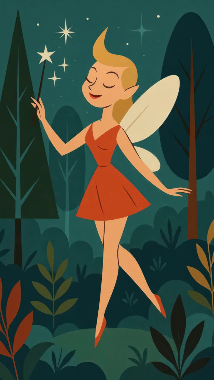 Whimsical fairy in a red dress with wings, holding a wand