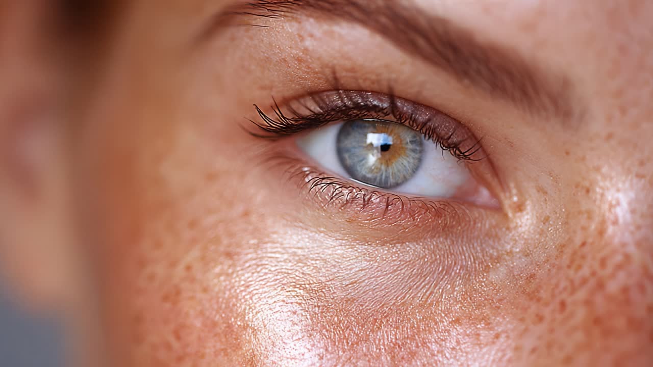 Close-up Portrait of an Eye, Showcasing Intricate Details of Skin Texture, Freckles, and Emerald Iris, Capturing Natural Beauty and Expressiveness in Vivid Clarity