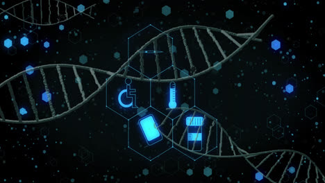 Animation-Von-Medizinischen-Symbolen-Und-DNA-Strängen-Auf-Schwarzem-Hintergrund