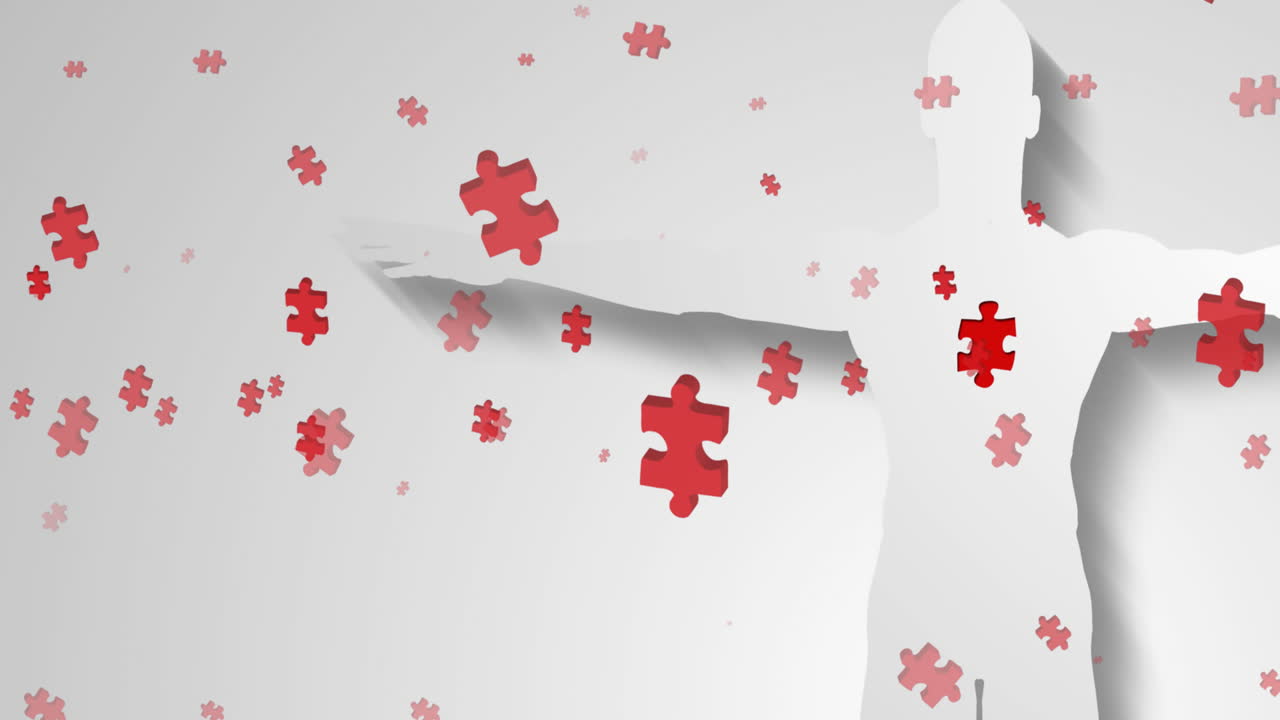 animação de quebra-cabeças vermelhos flutuando sobre silhueta de humano