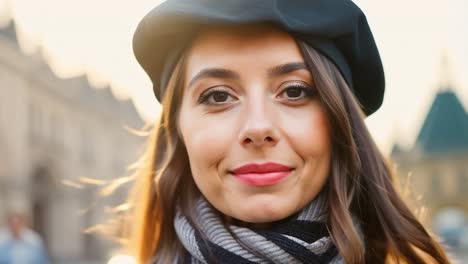 smiling woman wearing a black beret and striped scarf enjoys the vibrant atmosphere of the city