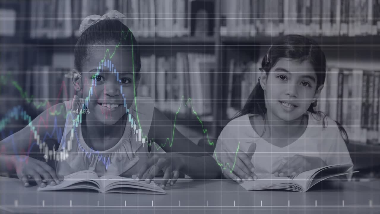 animación del procesamiento de datos financieros sobre la lectura de niñas diversas