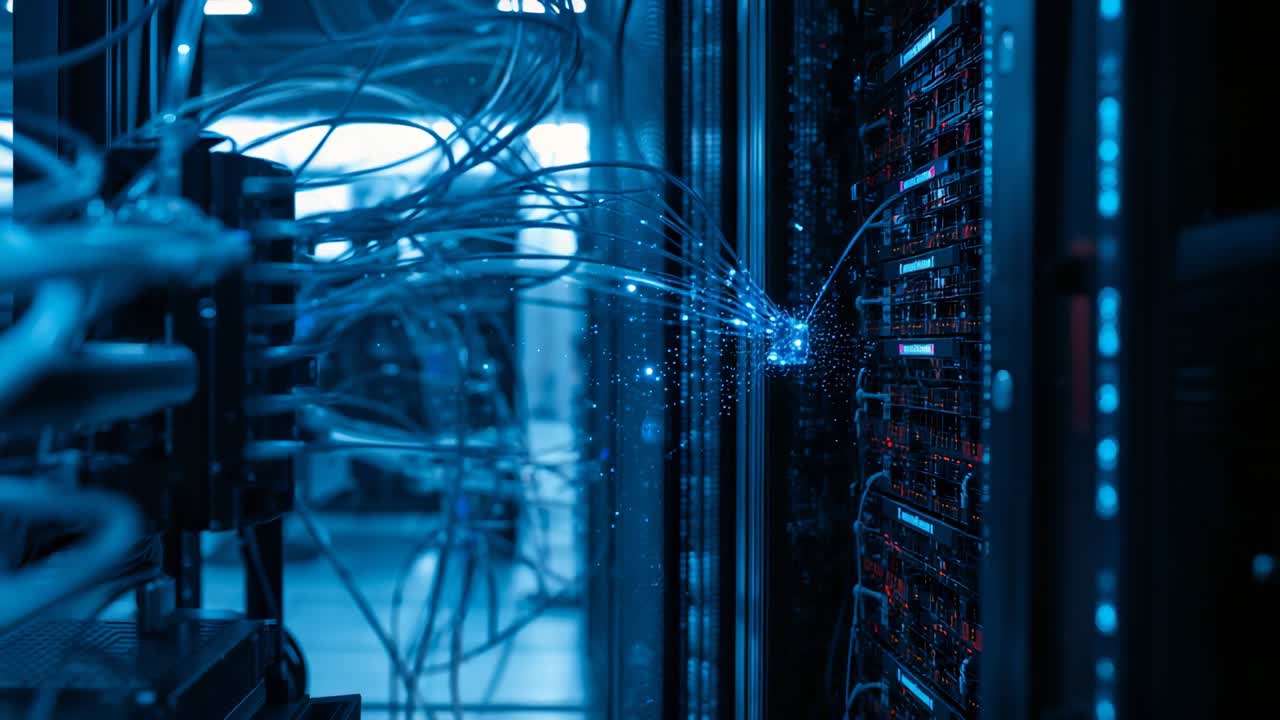 Opening frame showing fiber cables and server racks pulsing in datacenter simulating data transfer