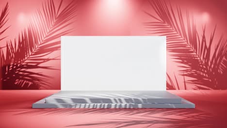white blank screen product display with palm tree gentle breeze on red background e-commerce online shop sell discount