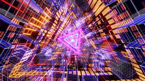 es un túnel fantásticamente brillante y reluciente con triángulos voladores brillantes.