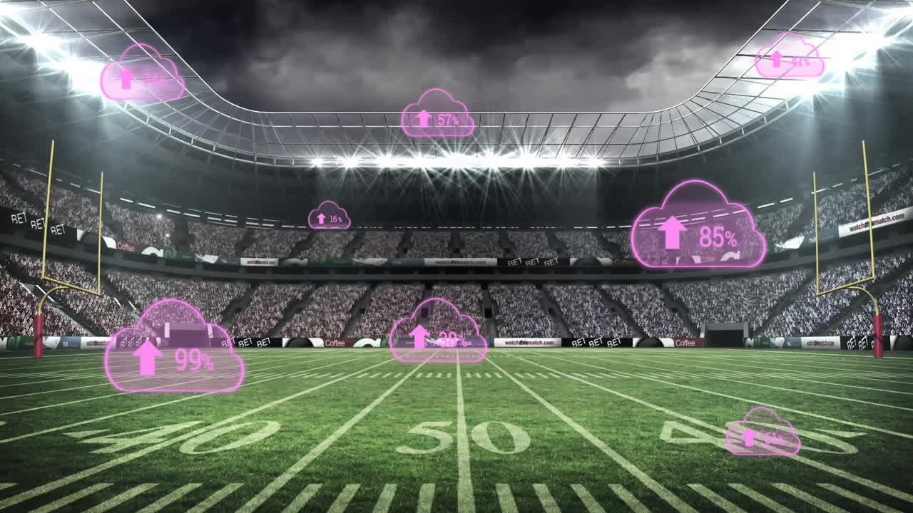 Animation of cloud computing icons floating over stadium with dramatic sky