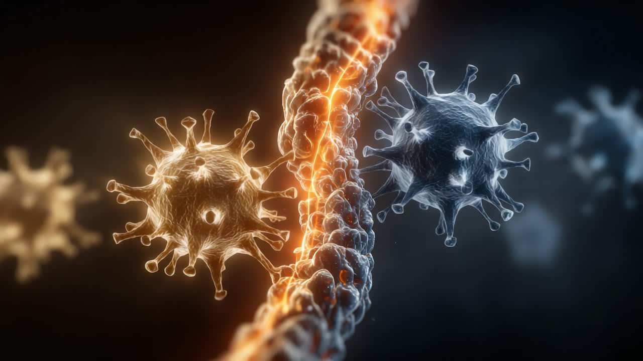 Microscopic Visualization of Viruses Interacting with Genetic Material, Showcasing Their Structure and Dynamic Movement in a Dark Background Environment