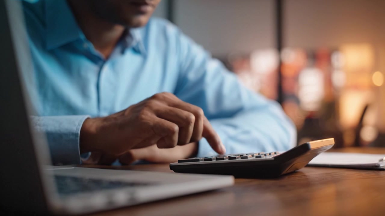 Persona concentrata che usa una calcolatrice per calcoli finanziari a una scrivania con un laptop e un blocco note in un ambiente di lavoro moderno