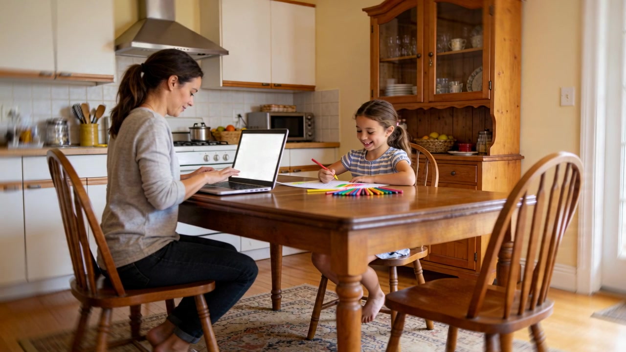 Mujer tecleando en un portátil con la pantalla en blanco en la mesa de la cocina, observando a una niña con camiseta de rayas levantar un lápiz y dibujar.