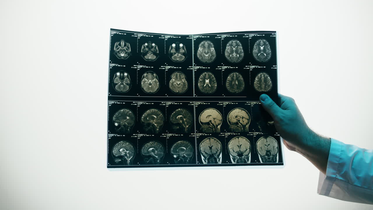 Medico che esamina una risonanza magnetica cerebrale con una penna