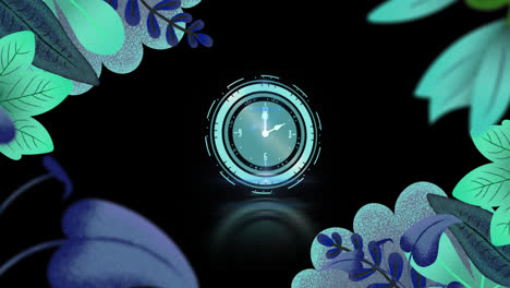 Animación-De-Marco-De-Follaje-Verde-Y-Azul-Con-Reloj-Sobre-Fondo-Negro