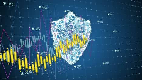 Animación-Del-Procesamiento-De-Datos-Contra-El-Icono-Del-Escudo-De-Seguridad-Contra-El-Fondo-Azul