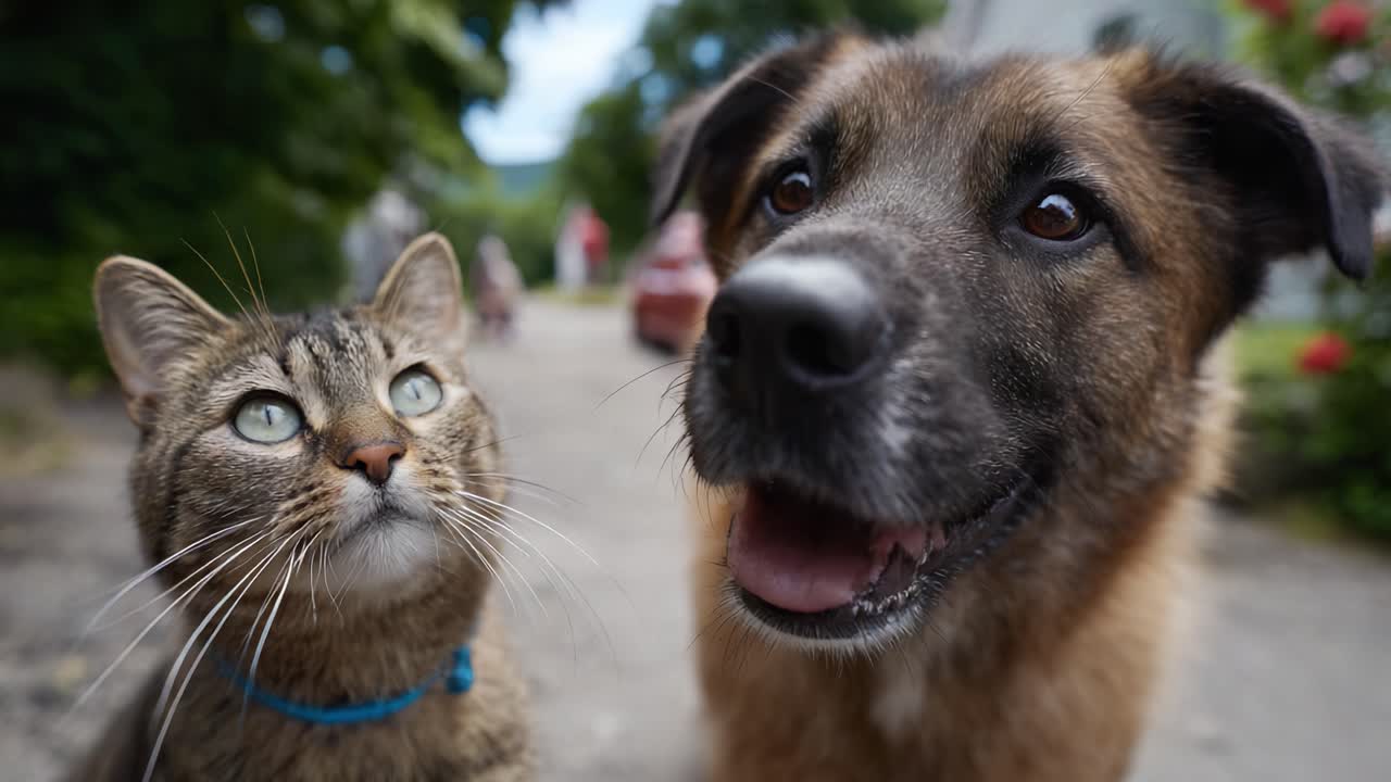 Momentos de alegria: um gato e um cachorro compartilham um momento adorável juntos em um dia ensolarado, capturando sua curiosidade divertida e amor incondicional um pelo outro
