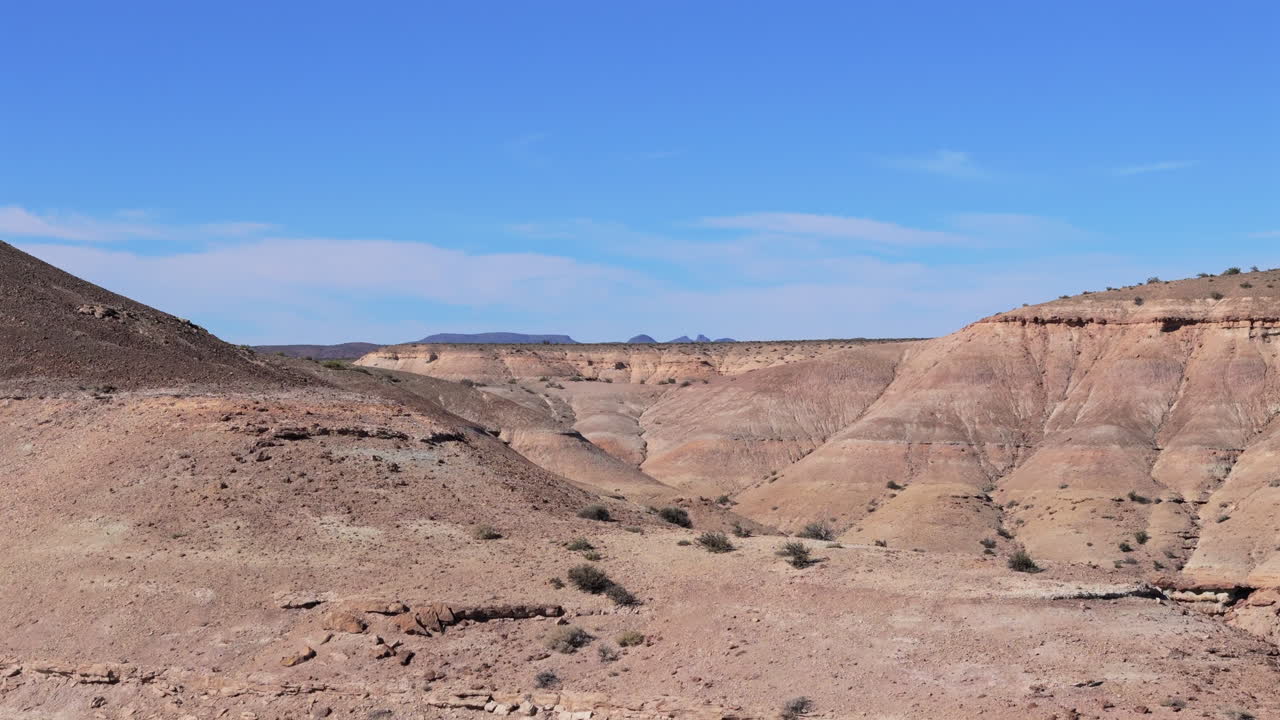 Aerial hillside view, rugged Patagonian Landscape along Route 45, blue sky, few clouds, desert, copy space