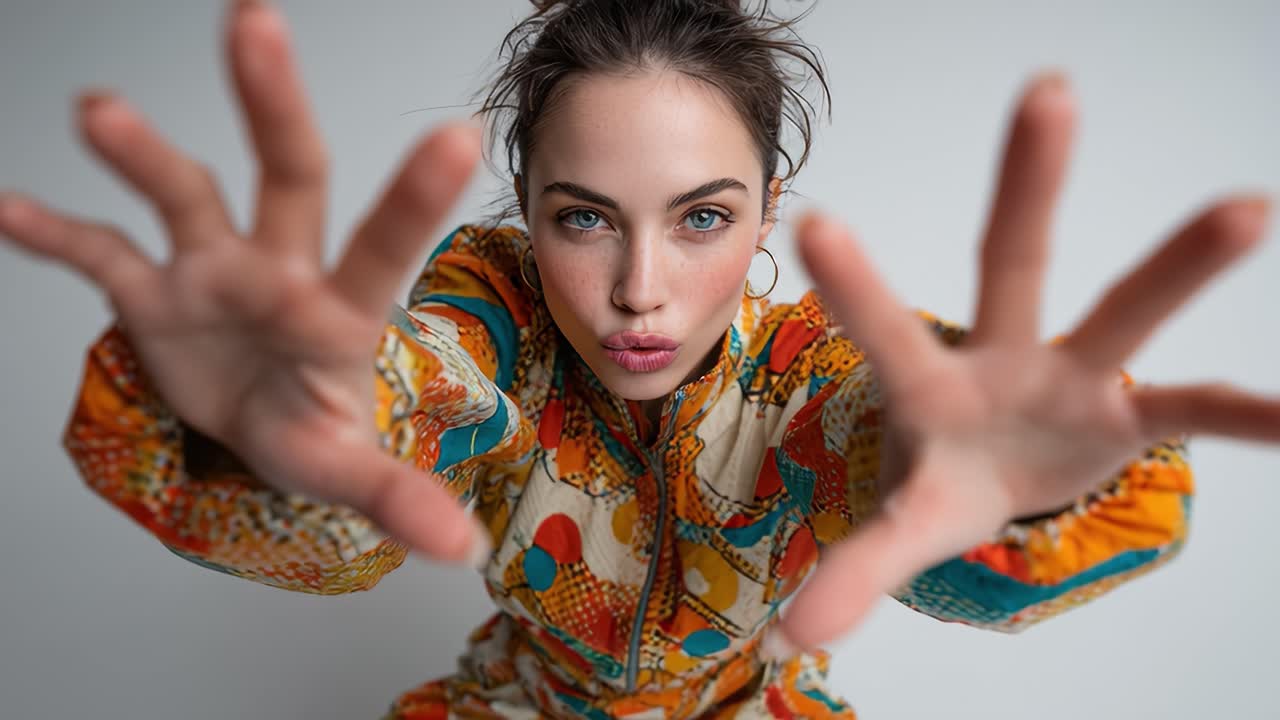 Model posing and touching face in slow motion on white background
