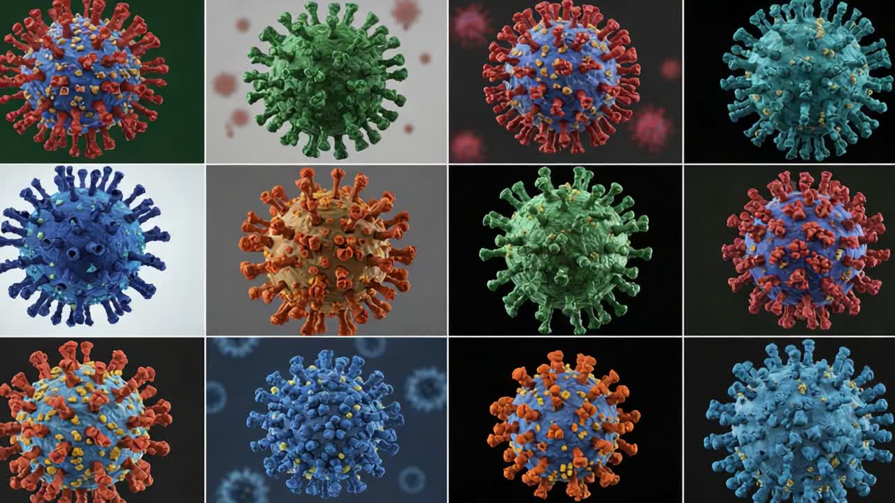 Detailed Visualization of Virus Structures: A Comparative Analysis of Two Frames Showcasing Viral Morphology and Color Variations Under Different Conditions