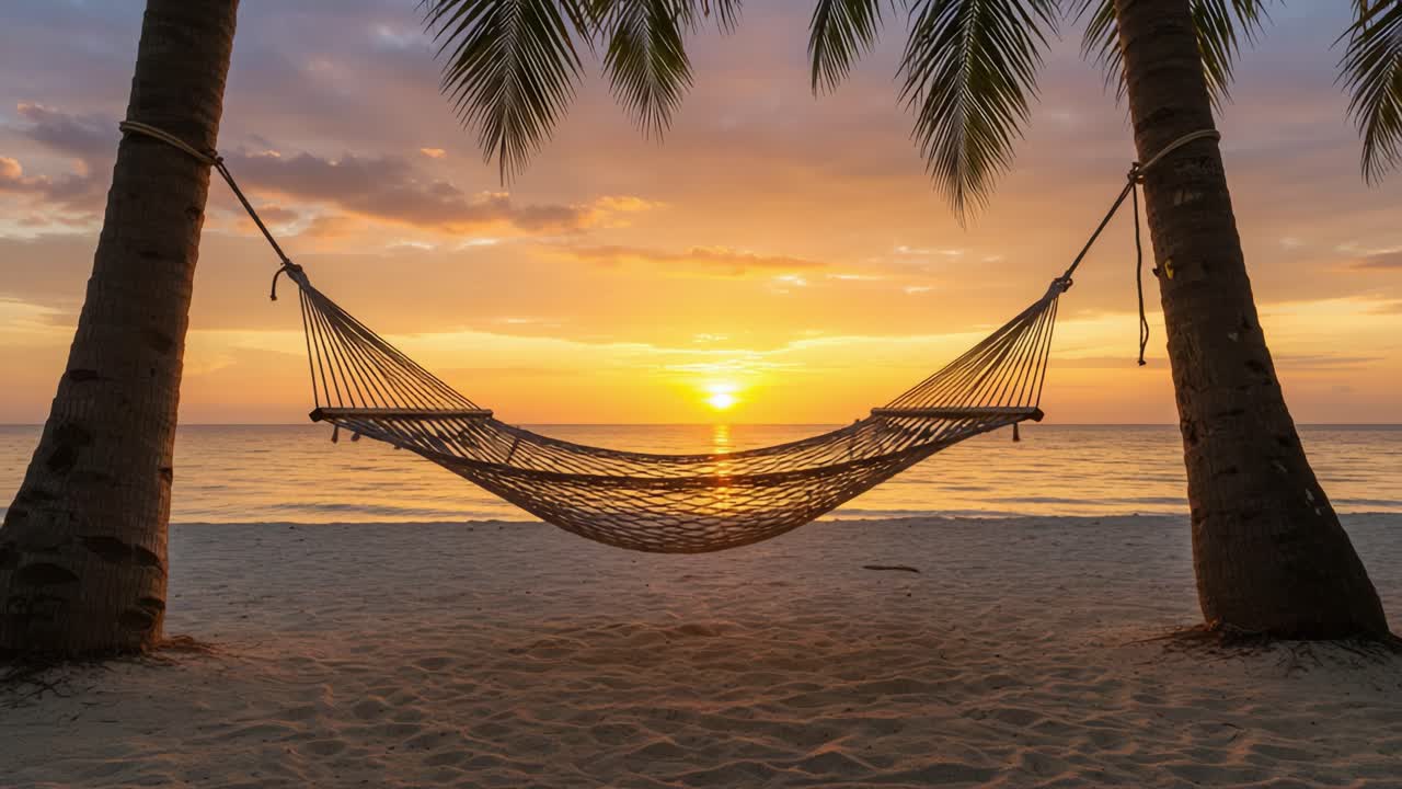 Tranquil Sunset Over Serene Beach with Hammock Between Palm Trees, Perfect for Relaxation and Appreciation of Nature's Beauty