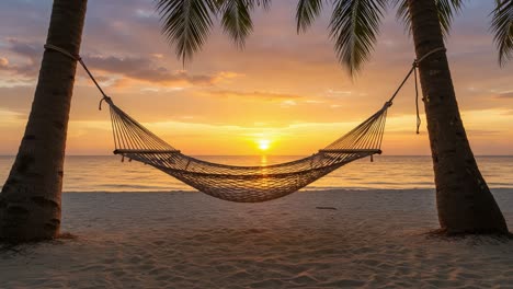 tranquil sunset over serene beach with hammock between palm trees, perfect for relaxation and appreciation of nature's beauty