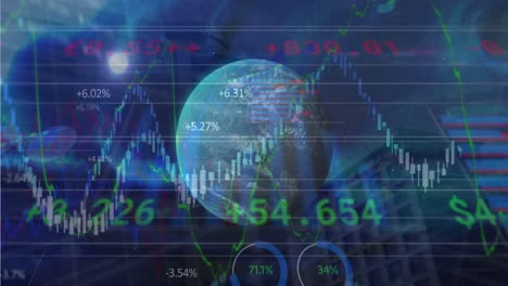 animación del procesamiento de datos estadísticos y bursátiles sobre un globo giratorio contra edificios altos.