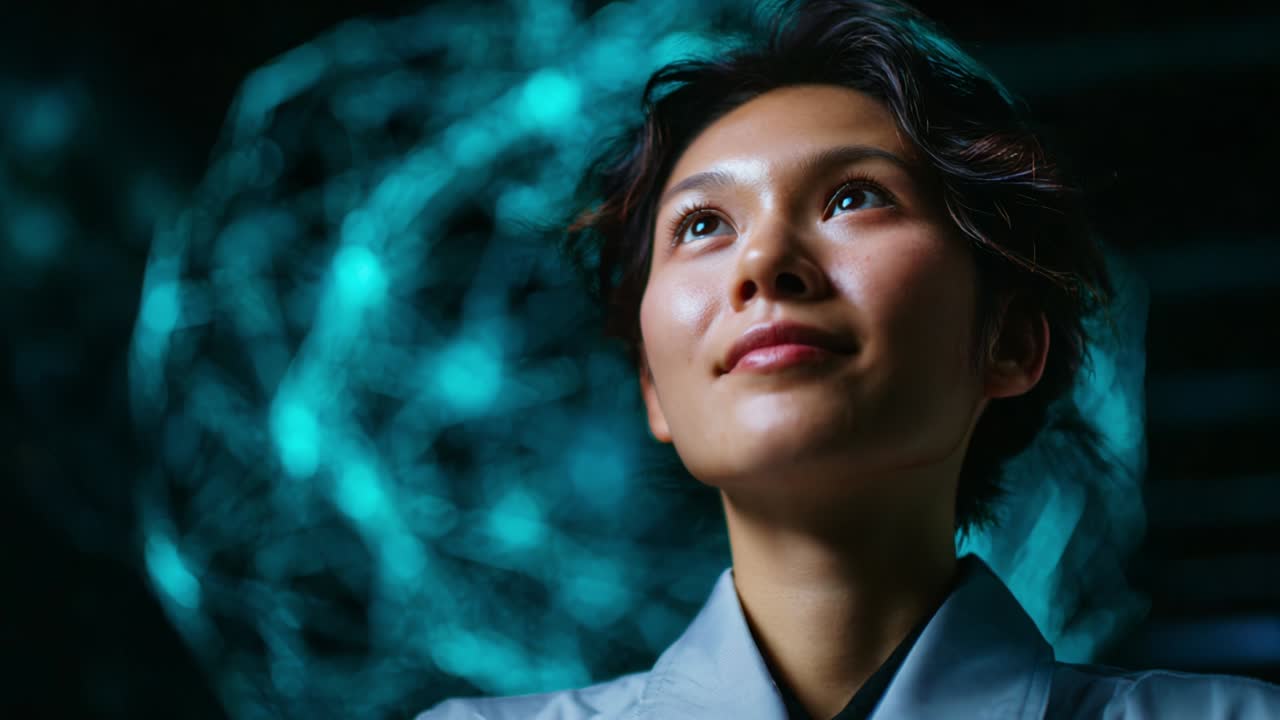 Captivating Expression of Wonder in a High-Tech Environment: A Woman's Poised Look Illuminated by Ambient Light, Evoking Curiosity and Inspiration Amidst a Modern Background