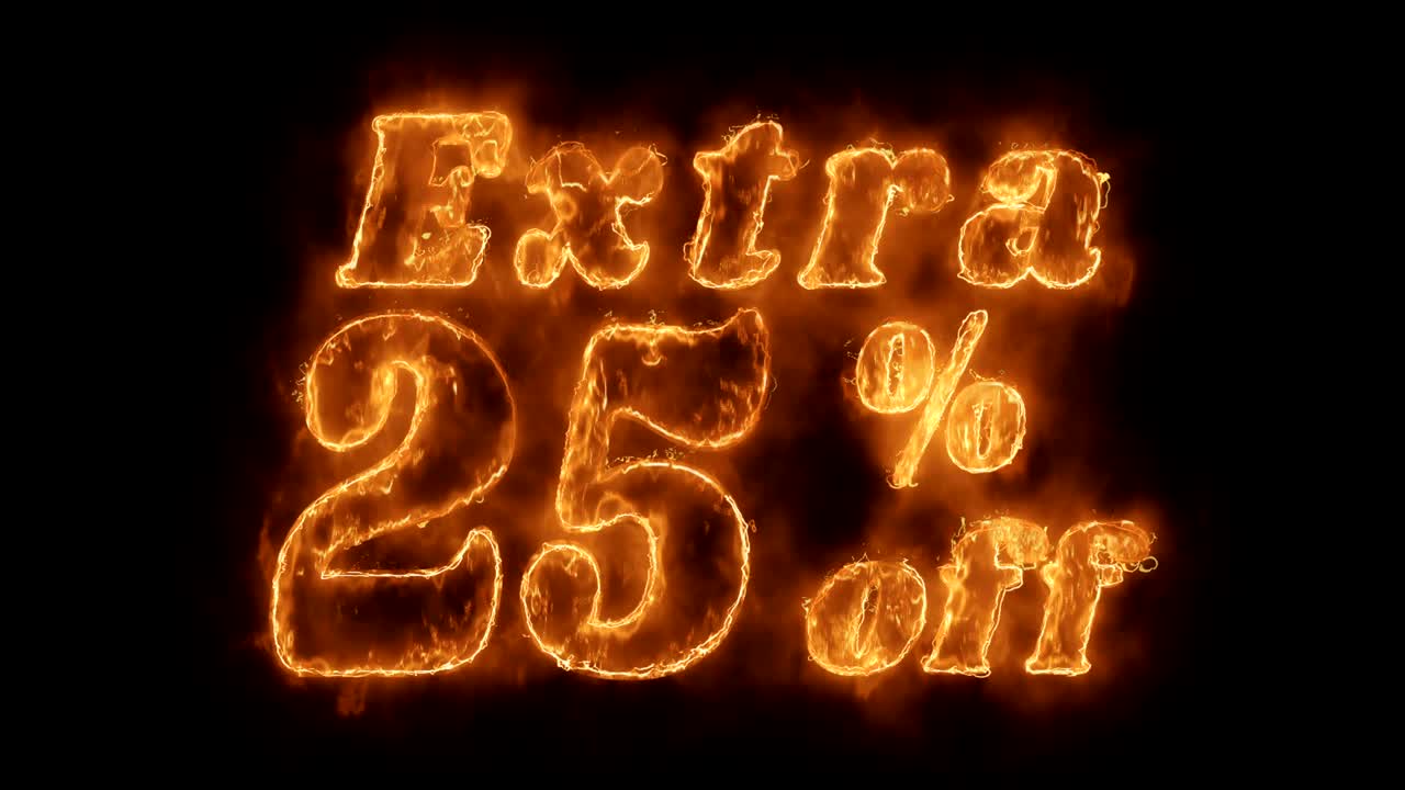 25% extra de descuento en la palabra animada caliente que quema el bucle de llamas de fuego realista.