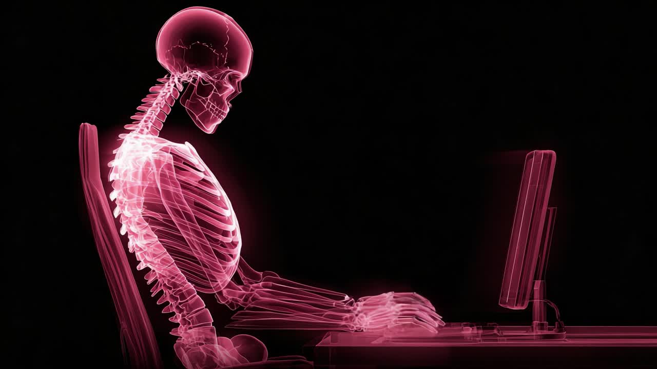 En fascinerende visualisering af et gennemsigtigt skelet siddende ved en computer, der fanger essensen af digitalt engagement på en unik og kunstnerisk måde.