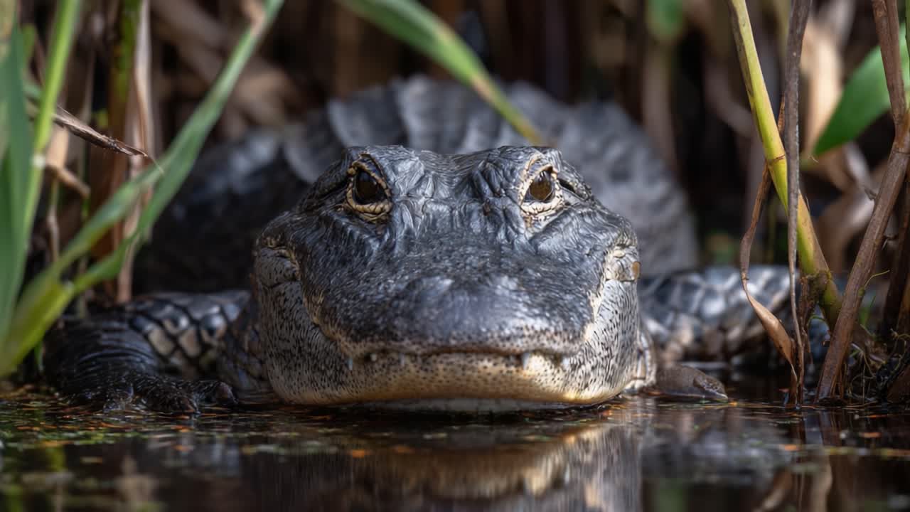 Primo piano di un alligatore in agguato nella vegetazione delle zone umide, che cattura lo sguardo intenso e la pelle testurizzata di un rettile nel suo habitat naturale.