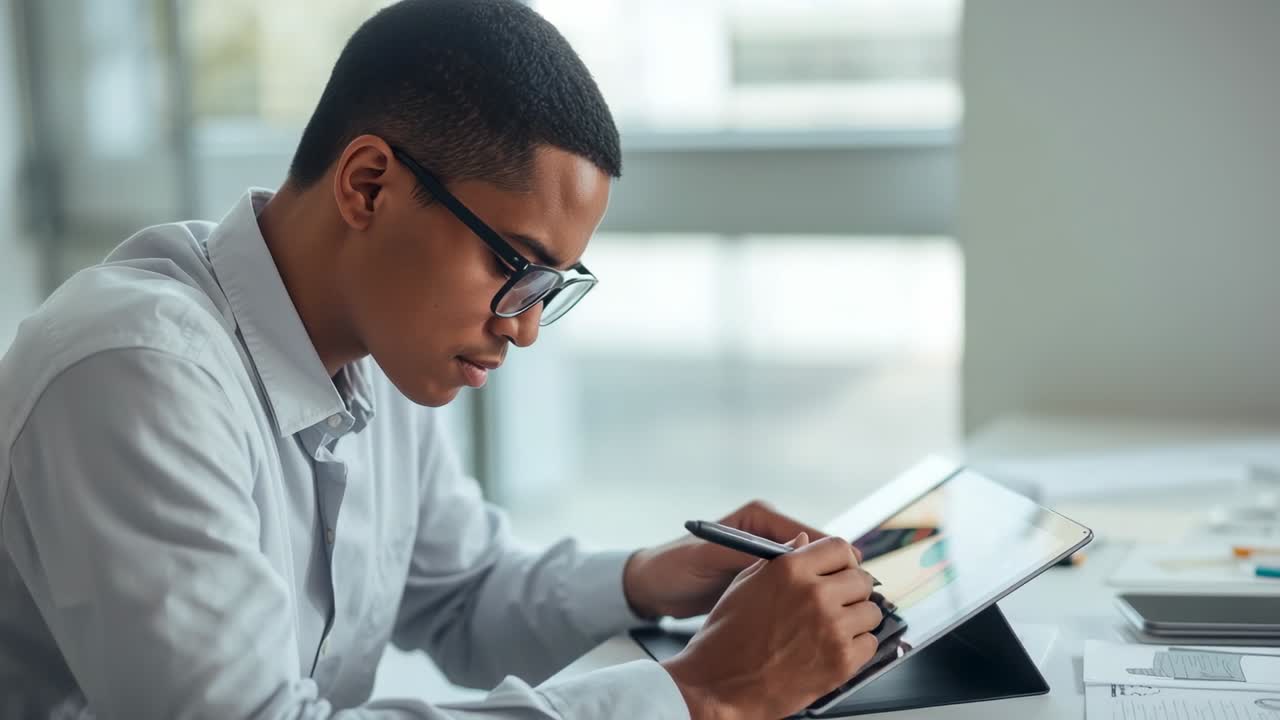 Picking up stylus designer sketching for artwork on digital tablet at office desk, with papers