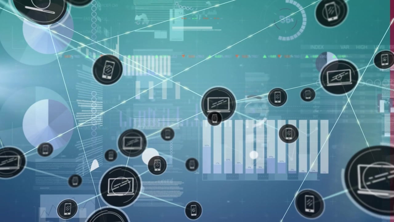 Animazione di rete di connessioni con icone su elaborazione dati su sfondo blu