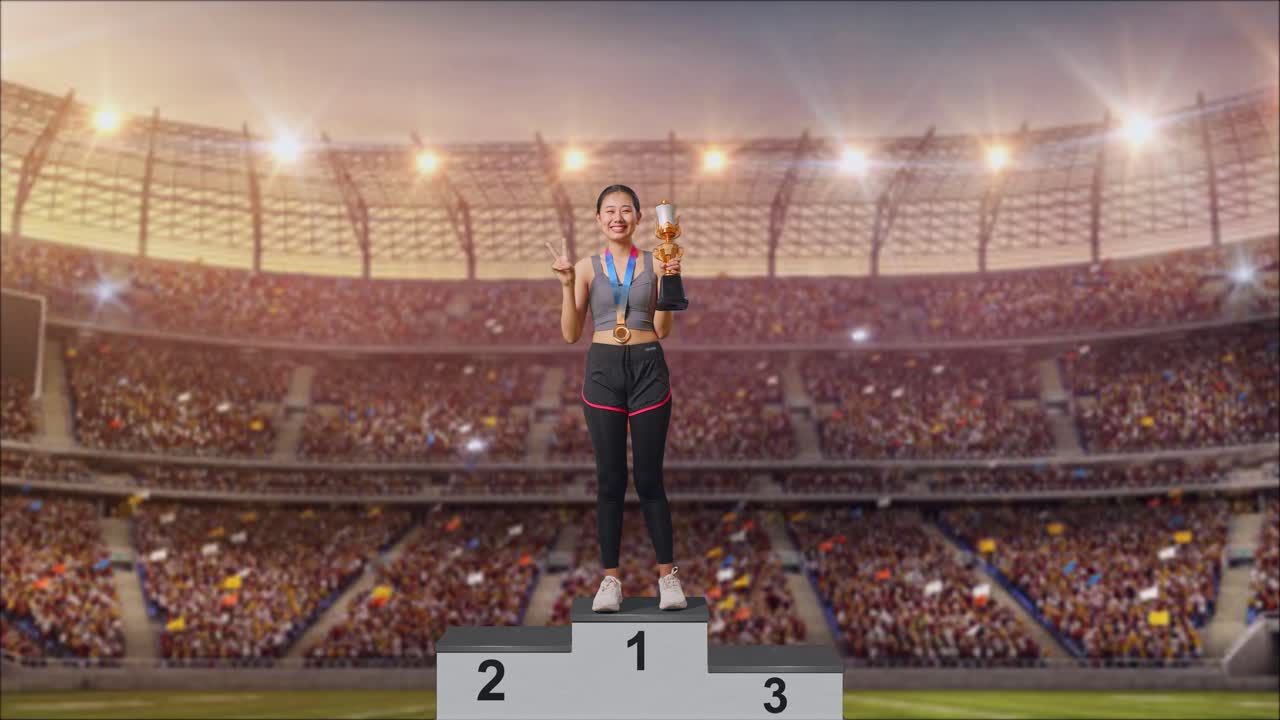 Woman Celebrates Victory on the Podium