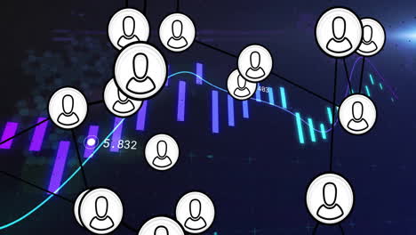 animación de iconos de usuario sobre datos financieros y gráfico del mercado de valores