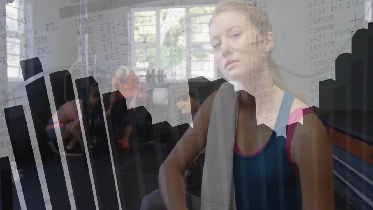 Junge Frau ruht im Fitnessstudio mit Daten-Overlay
