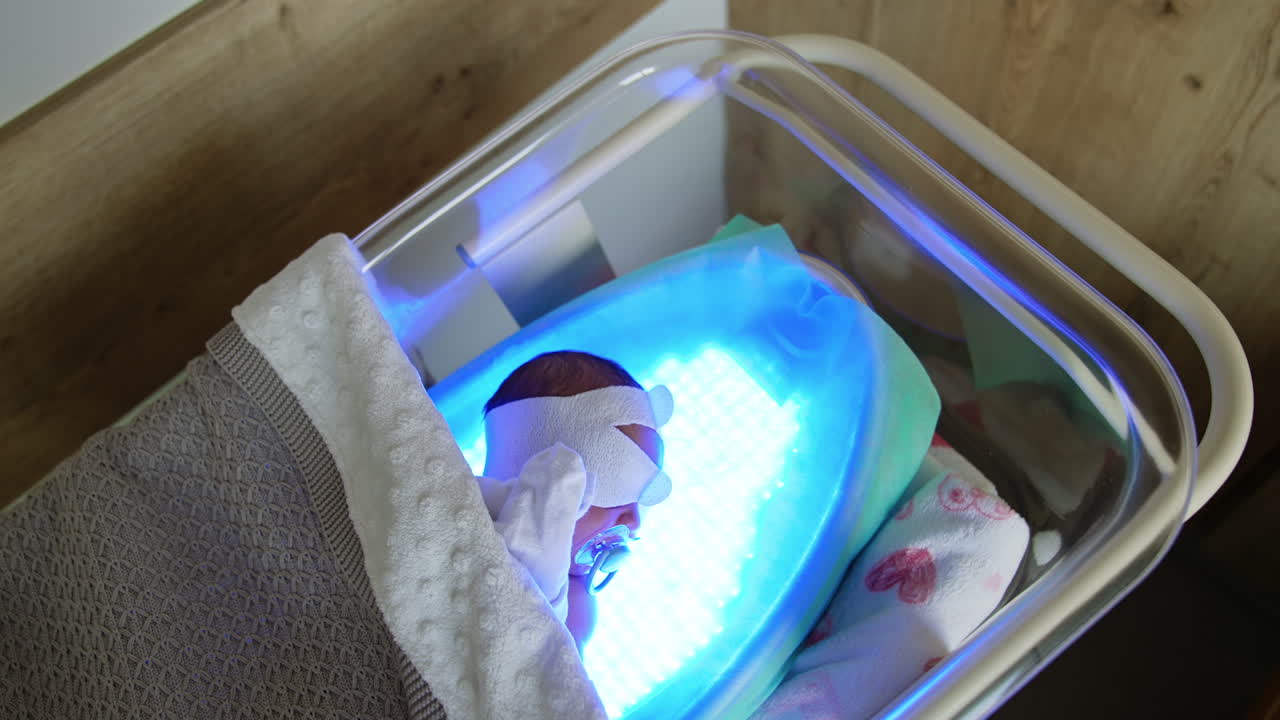 Cute baby in a crib on UV lamp. High bilirubin therapy for newborns in maternity hospital. Top view.
