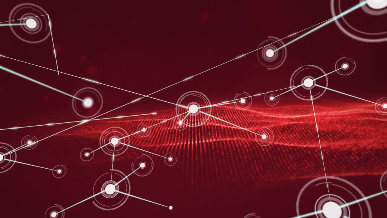 빨간색 마쉬 위에 있는 점들을 가진 연결 네트워크의 애니메이션