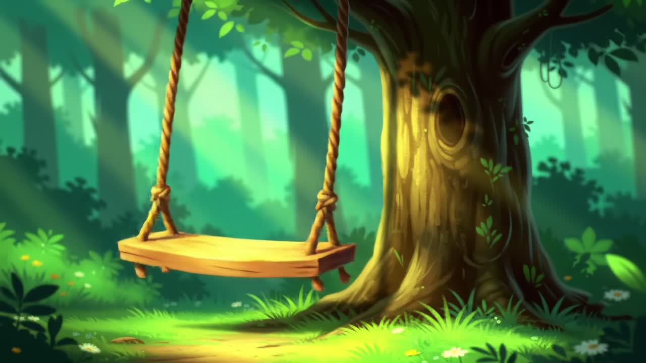 A Peaceful Swing Set in a Lush, Sunlit Forest Surrounded by Nature's Beauty, Inviting Moments of Rest and Reflection Amidst Vibrant Greenery