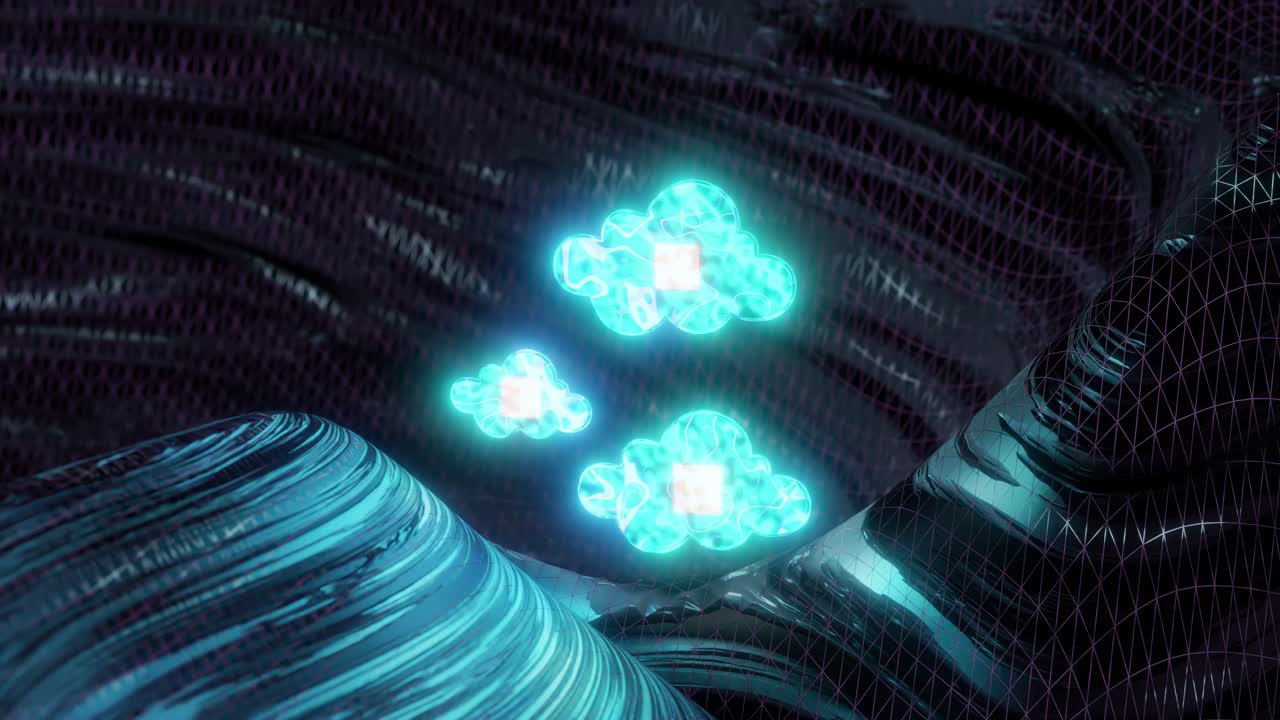 Motion graphics of blue cloud symbols with wavy dark background