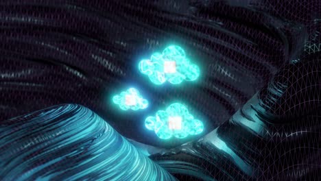 gráficos en movimiento de símbolos de nubes azules con fondo oscuro ondulado