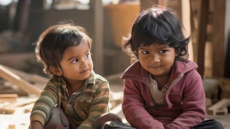 two indian toddlers are sitting on the floor of a dilapidated house, wearing simple clothes, creating a poignant scene of childhood in poverty